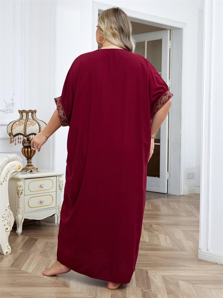 EDOLYNSA Golden Embroidered Plus Size Red Kaftan Dresses for Women Cozy V-neck Half Sleeve Beachwear Swimsuit Cover Up Loose Caftan