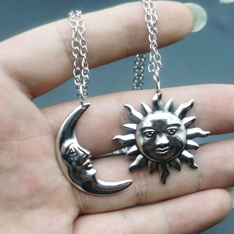New Silver Color Sun and Moon Necklaces Chain Pair of Celestial Best Friends Gift for Friend Long Necklaces Pendants Men Women