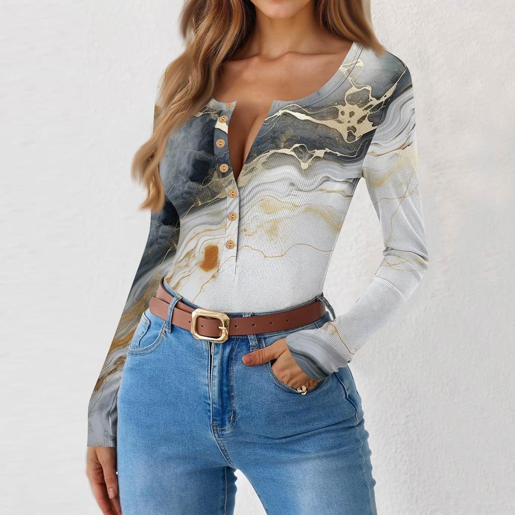 Women's Slim Bottom T-shirt Fashion Casual Gradient Printing Round Neck Pullover Long Sleeve Top