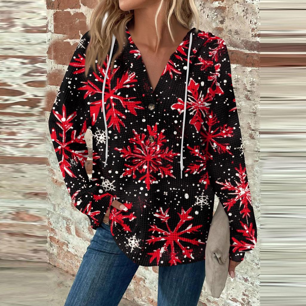 Женская мода с длинным рукавом, завязками на шнурке, капюшоном, пуговицами, V-образным вырезом, повседневная толстовка с капюшоном и рождественским принтом
