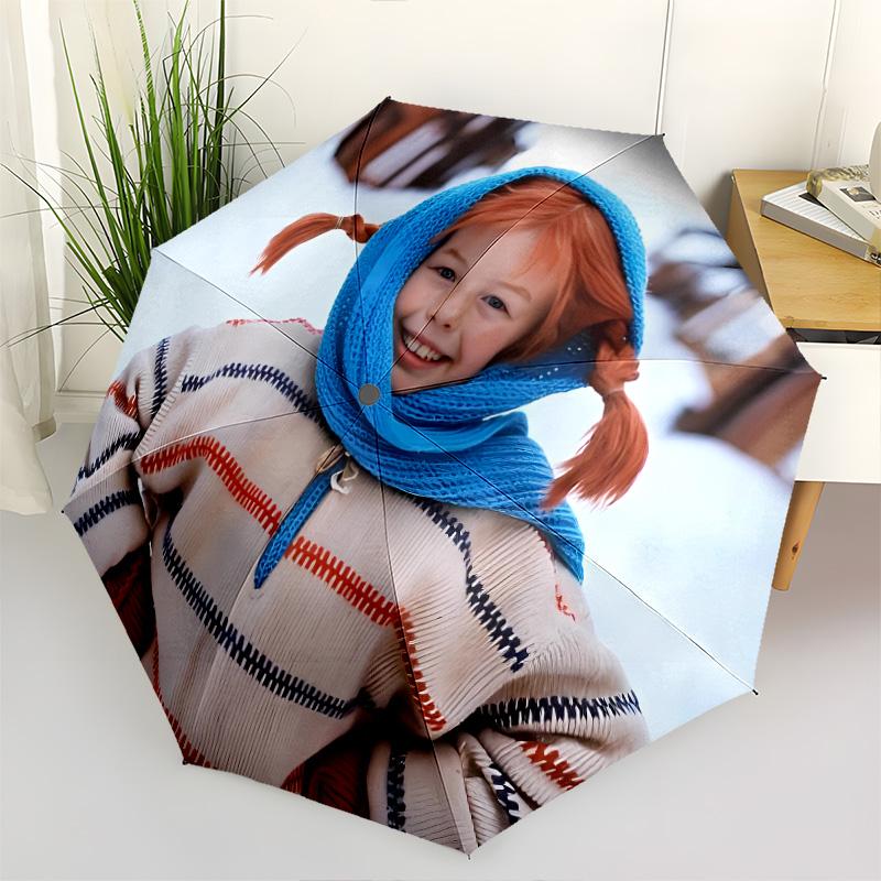 1 PC Automatic Folding Umbrella - Pippi Pattern Portable Foldable Design With 8 Ribs Christmas Birthday Gifts
