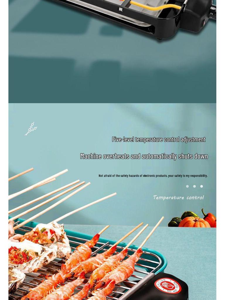 Multifunctional Electric Grill & Roaster with Non-stick Pan and Smokeless Griddle for Skewers and Sausages