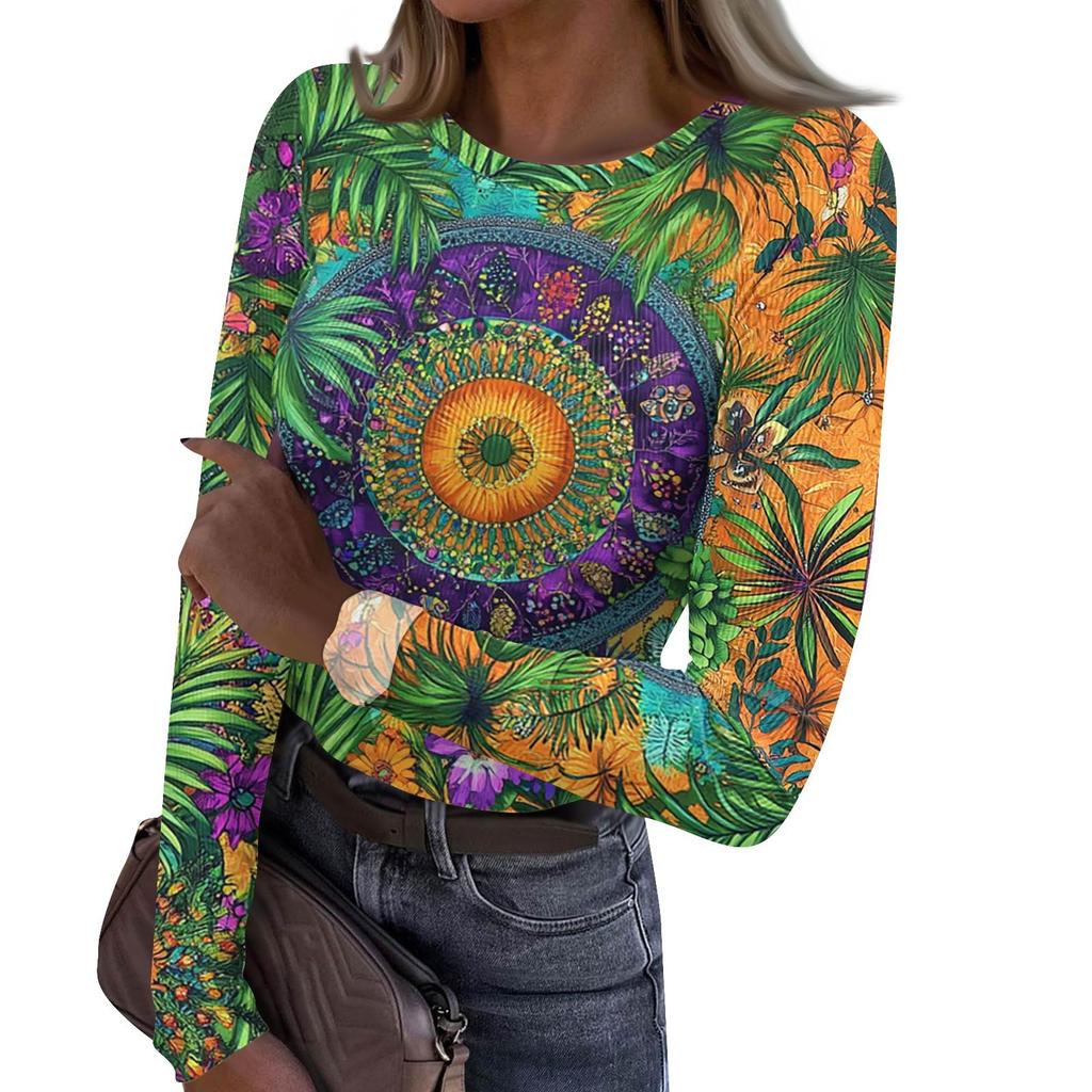 Женская и зимняя футболка с тонким низом, модная повседневная футболка с градиентным принтом и круглым вырезом, пуловер с длинным рукавом