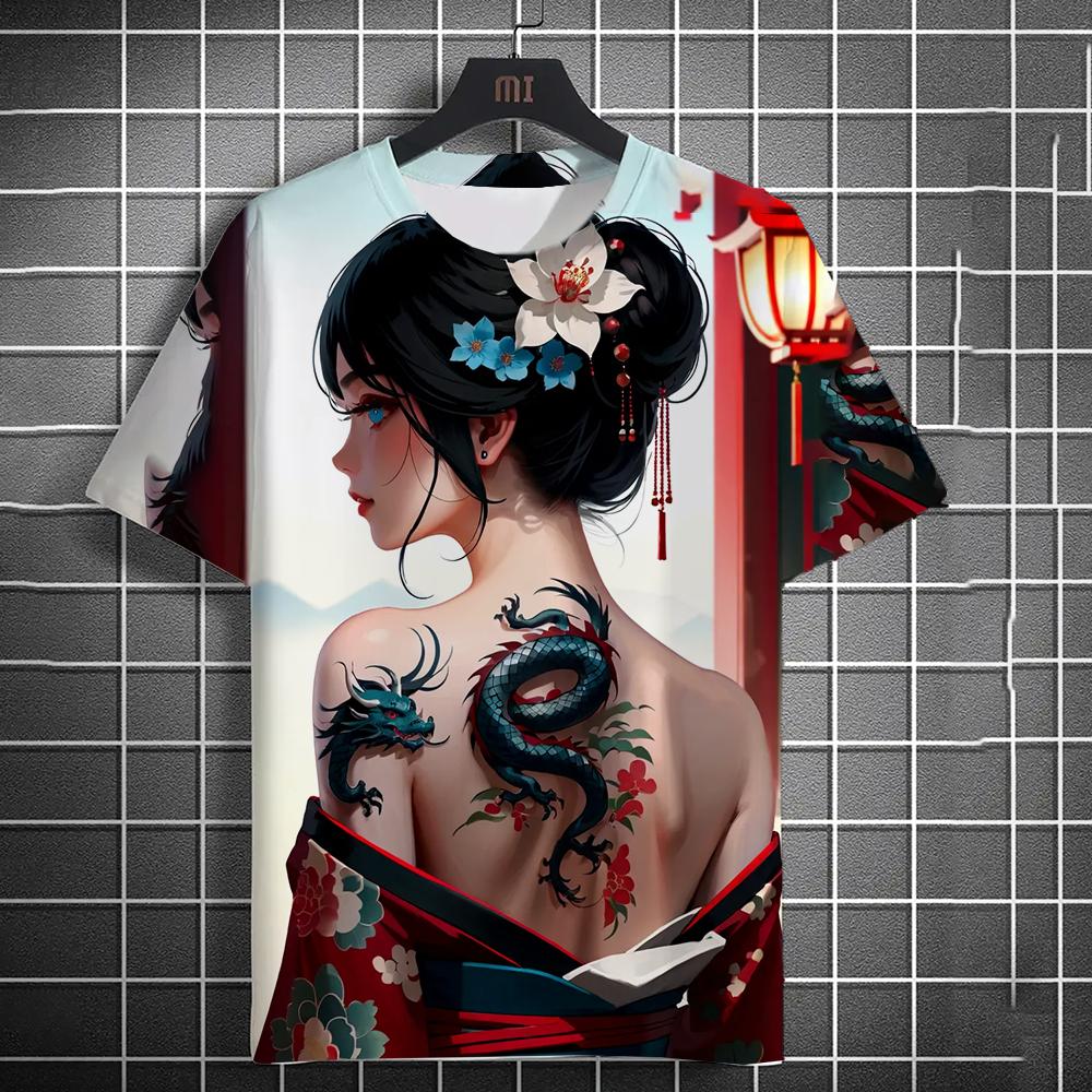 Men's T-shirt 3D Printed Anime Goddess Back Tattoo Print T-shirt Casual Loose Short Sleeved T-shirt Men's Home Y2k Clothing Tops