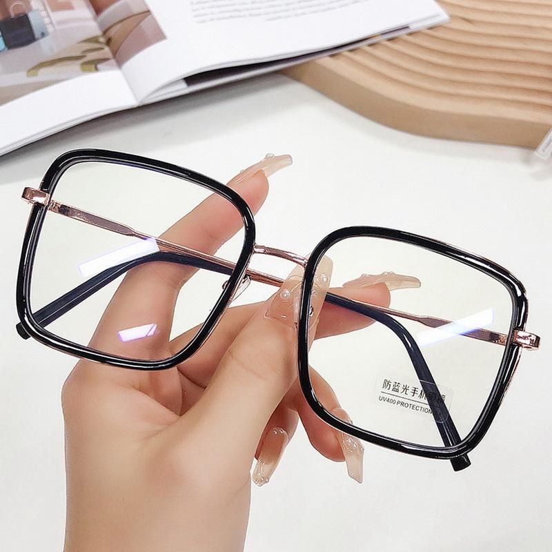 Fashion Anti Blue Light Glasses Large Square Metal Transparent Frame Women Computer Gaming Eye Protection Plain Spectacles