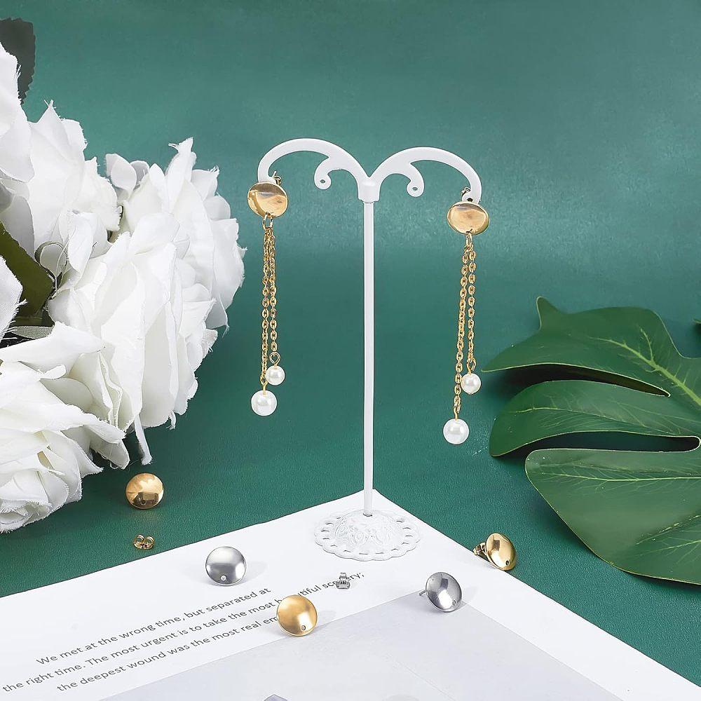 40Pcs 2 Colors 304 Stainless Steel Stud Earring Findings with Loop & 40Pcs 2 Colors Ear Nuts Flat Round Golden & Stainless Steel Color 13x2mm