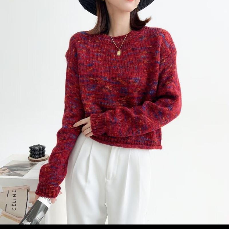 Женский пуловер, осень-зима 2023, повседневный пуловер из трикотажа с круглым вырезом, свободная нижняя часть, свитер, женский топ