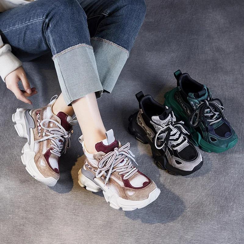 Fashion 6CM Platform Spring Autumn Hollow Women Comfy Shoes Air Mesh Genuine Leather Chunky Sneaker Sandals Vulcanize Breathable Loafer