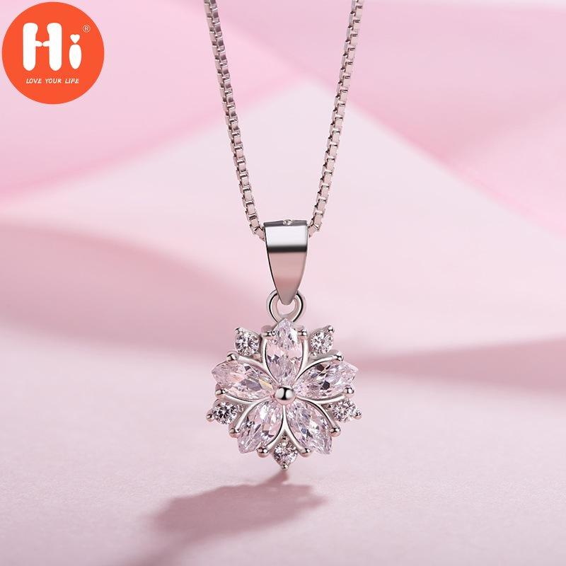 Hi Pink Clear Crystal Zircon Cherry Blossom Flower Chain Necklace For Women Girl Choker