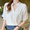 Fashion Summer Blouse Women Embroidery Cotton White Shirts Short Sleeve V-neck Tops Lantern Sleeve Womens Clothing 14204