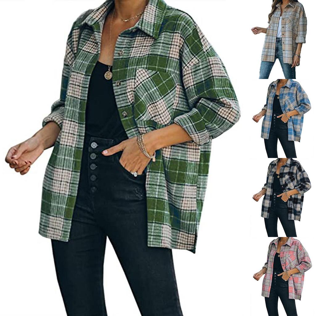 Женская куртка с длинным рукавом, повседневное пальто, блузка с лацканами и карманом, клетчатый принт, кардиган на пуговицах