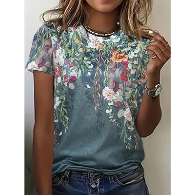 Женская винтажная футболка с цветочным принтом, с коротким рукавом - Мягкая дышащая ткань, Свободный крой, Круглый вырез, Повседневный топ