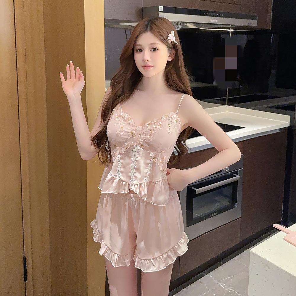 Pajamas women's summer sleeveless suspenders shorts set, simple and sexy loungewear two-piece set with chest pads can be worn outside