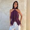 Purple Halter Mesh Ruffled Off Shoulder Sleeveless Sexy Women Casual Top
