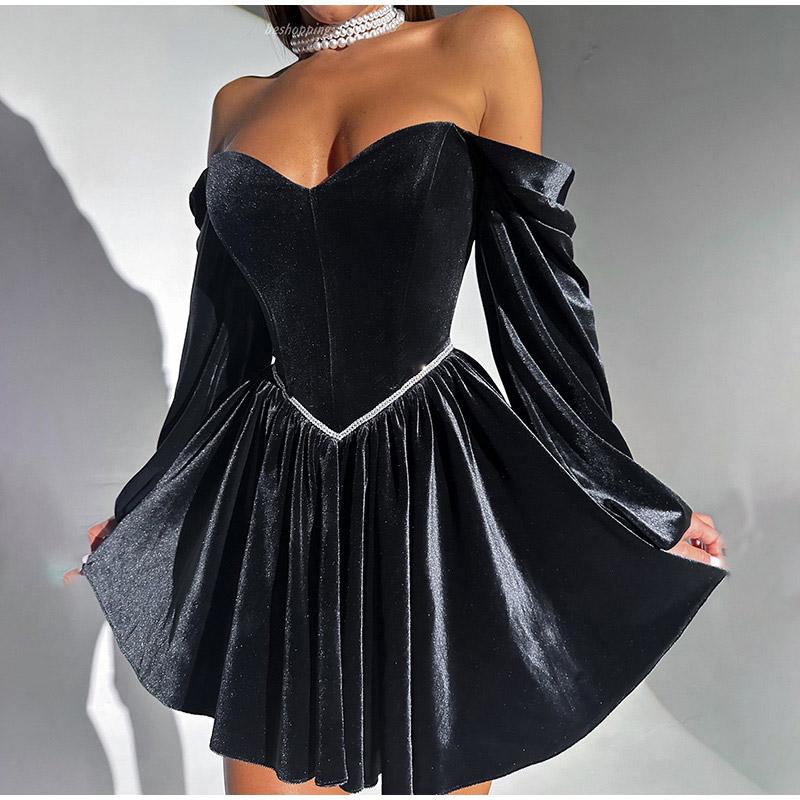 Sexy Velvet Strapless Short Party Dress Women Off Shoulder Long Sleeve Autumn Lady Christmas Evening Bandage Dresses
