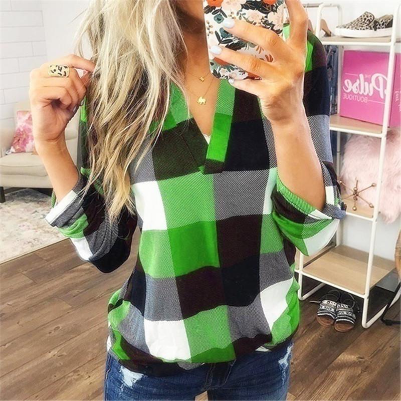 Women's Spring Autumn Shirt Checkered Printed V-neck Long Sleeved Top Blouses