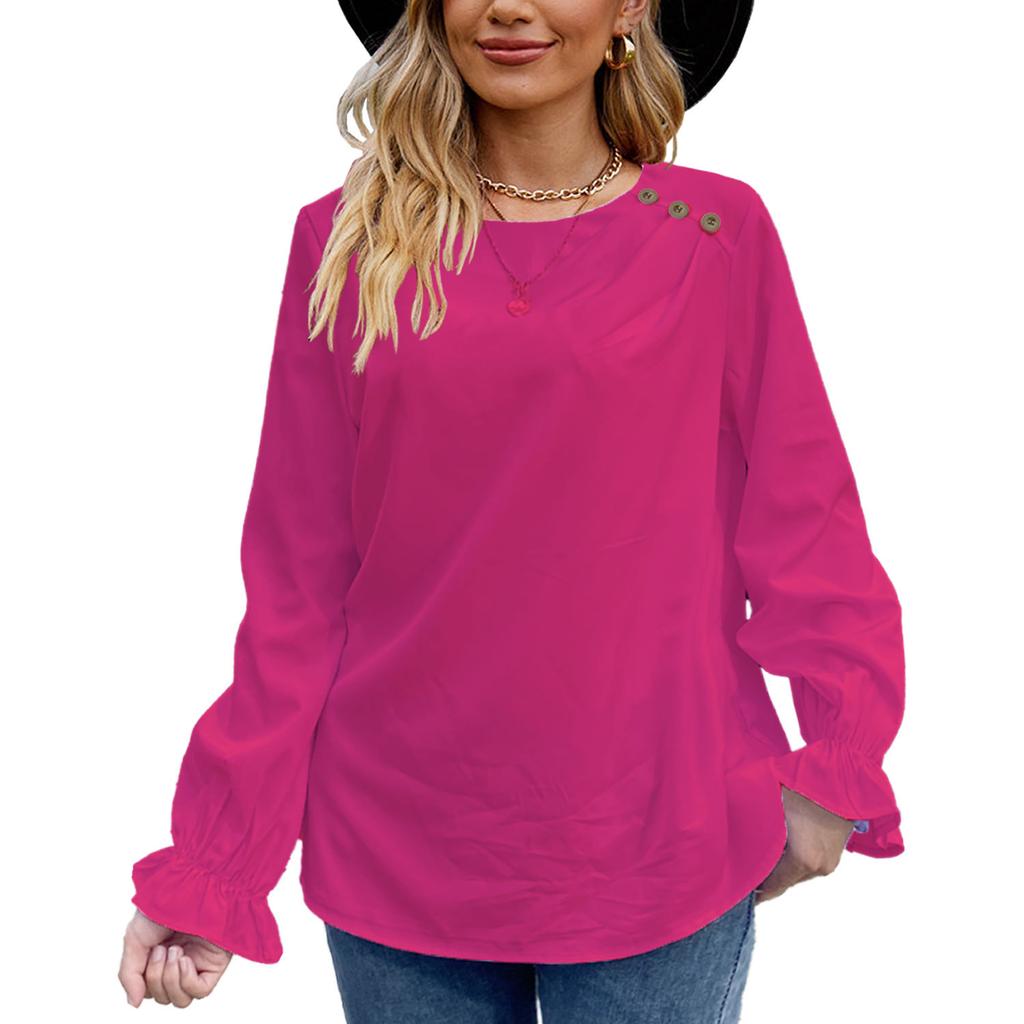GMXIA Женская осенняя футболка с круглым вырезом и длинными рукавами, однотонная, на пуговицах, свободный женский топ