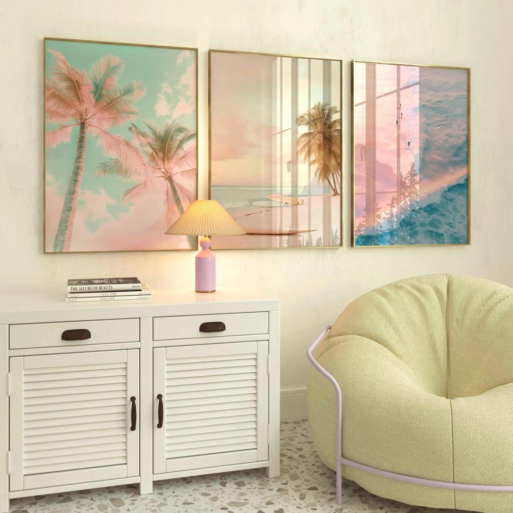 Set of 3 Pink Vintage Prints Palm tree print Surf poster pastel beach decor pink aesthetic sunset coastal trendy wall art