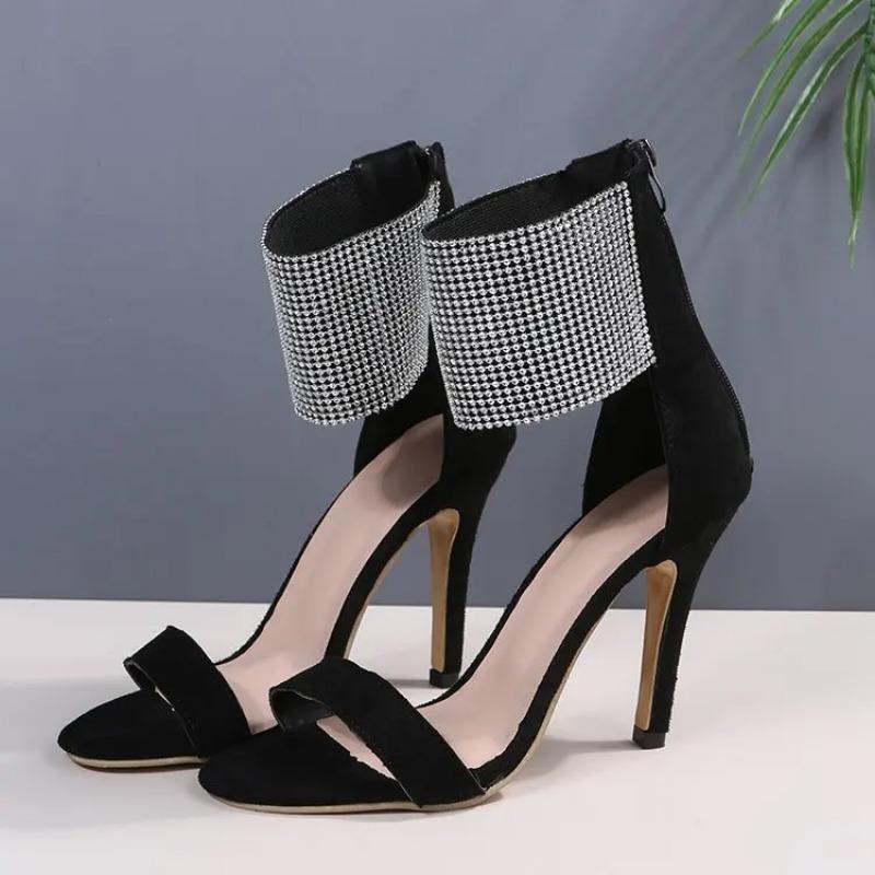 Сексуальные женские босоножки на шпильках из искусственной замши с открытым носком, с одной полосой, со стразами, с молнией сзади, на очень высоком каблуке, сандалии