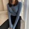 Women Long Sleeve Knitted Sweater Spring Autumn Button O Neck Inside Tight Knit Pullover Top
