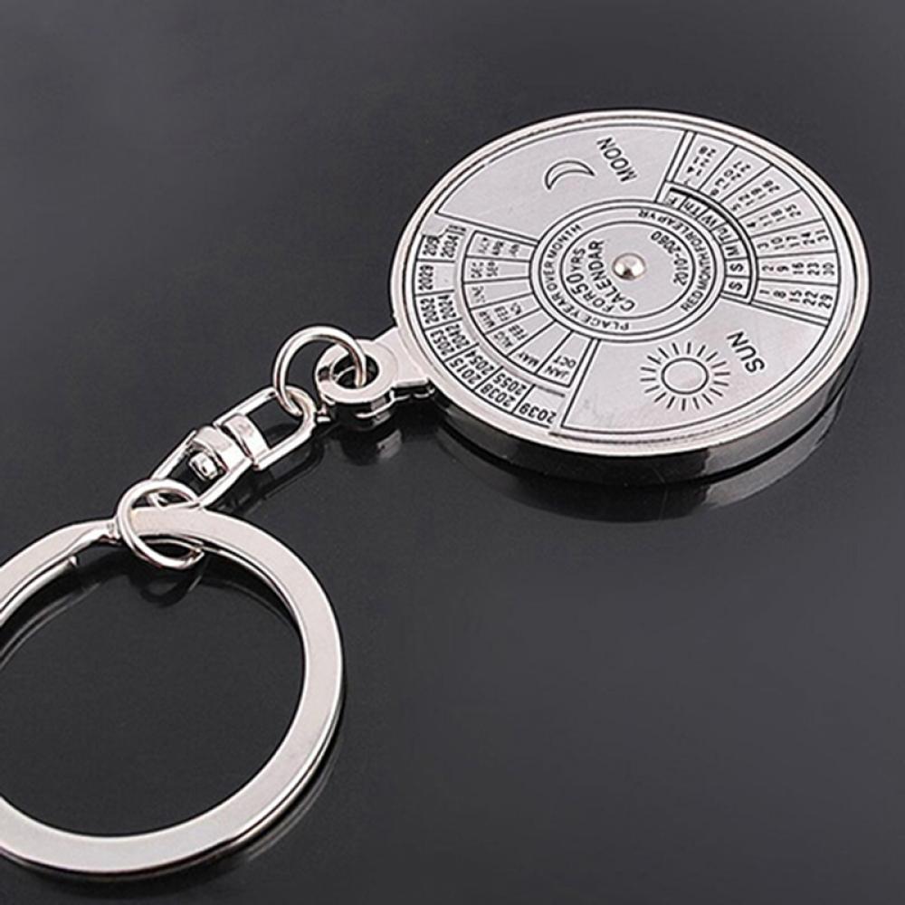 50 Years Perpetual Calendar Keychain Silver Alloy 360 Degree Rotation Calendar Key Chain Ring Keyfob Anniversary Creative Gift