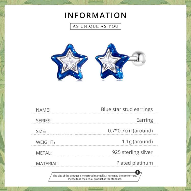 WOSTU 925 Sterling Silver Simple Mini Blue Star Stud Earrings For Women Star Zircon Ear Studs Fine Wedding Jewelry Gifts