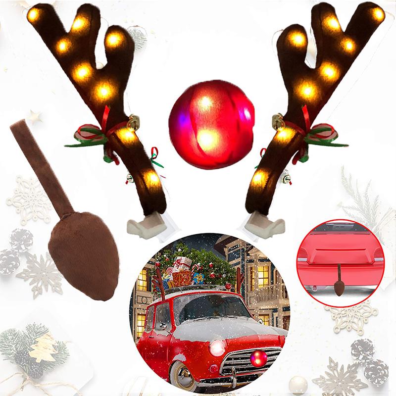 Car Stickers Christmas Decoration LED Reindeer Horn Lamp Nose Light Rudolph Reindeer Antlers Red Nose Ornaments Car Accessories