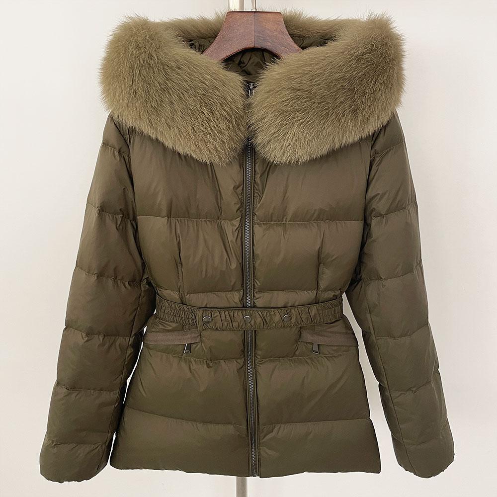 OFTBUY 2024 Winter Jacket Women Natural Real Raccoon Fox Fur Collar Hooded White Duck Down Coat Belt Thick Warm Casual Outerwear
