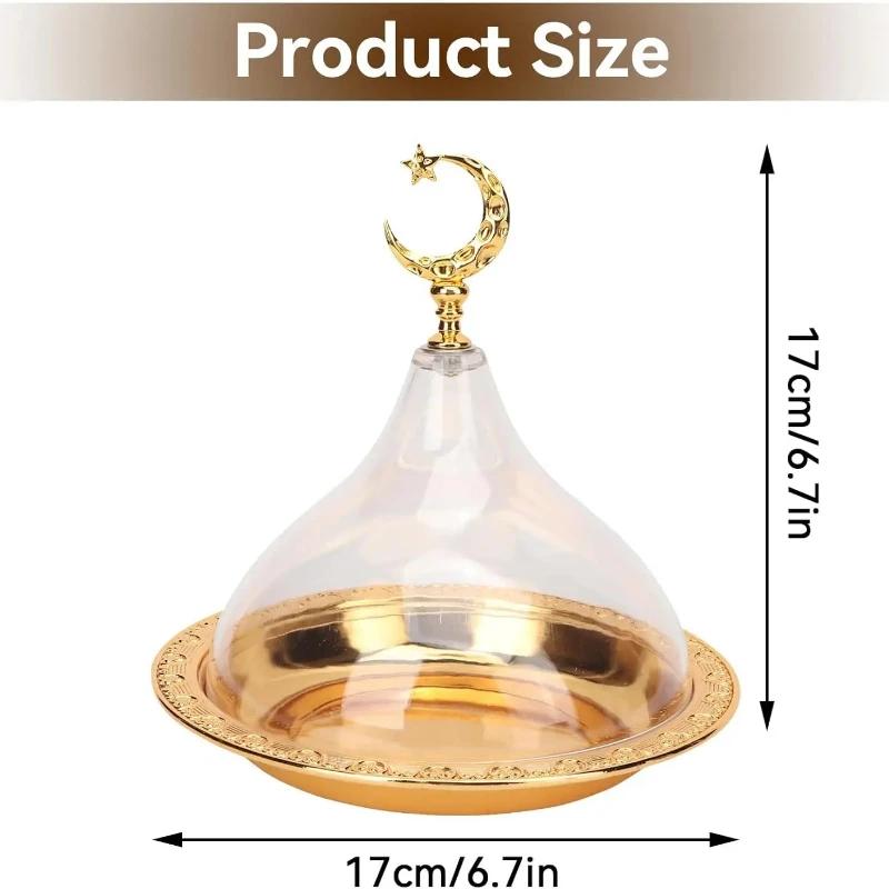 Metal Ramadan Tray with Clear Dome Acrylic Lid Mini Cake Candy Tray Reusable Dessert Tray Round Food Storage Organizer for Nuts