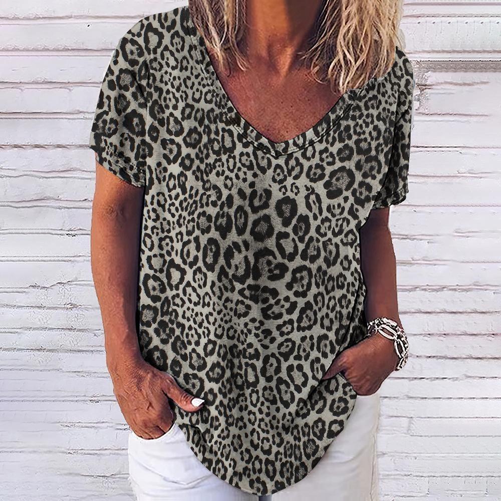 Leopard 3D Print T-shirt for Women Y2k Vintage Tops Harajuku Streetwear V-neck T-shirts Oversized Clothes for Women and Girl