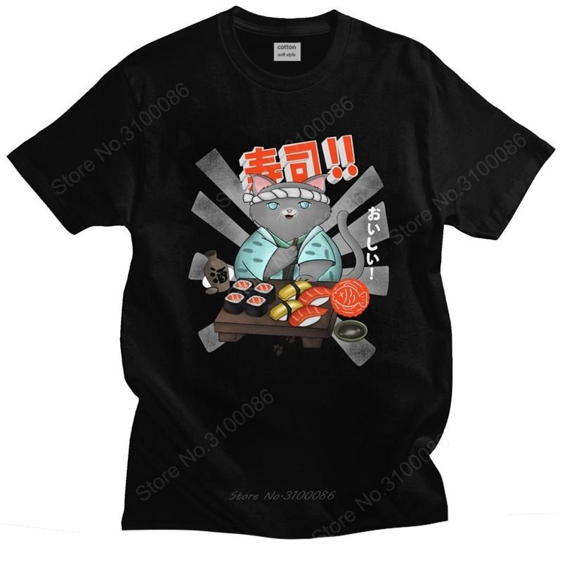 Trendy Unisexs Vintage Sushi Cat Tee Shirt Short Sleeved Cotton Tshirt Summer Cartoon Tshirt Japan Anime Tops Slim Fit Clothes