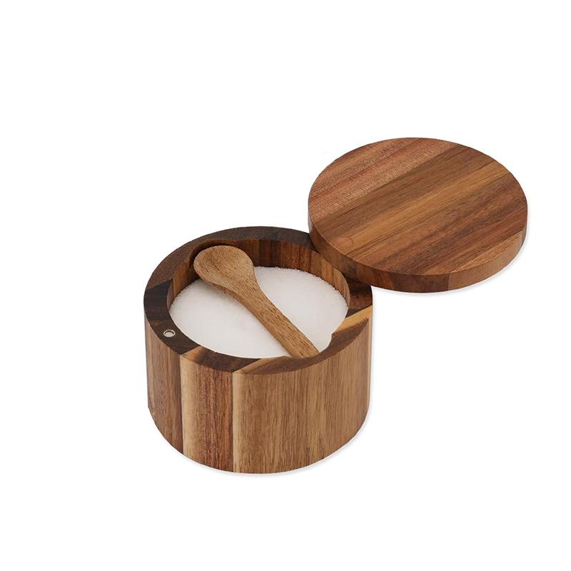 Acacia Wood Salt and Pepper Bowl Box with Lid and Spoon Acacia Salt Cellar with 360° Swivel Lid Spice Seasoning Container JT509 2
