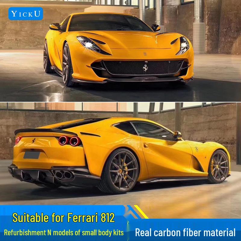 Fits Ferrari 812 N Models: Real Carbon Fiber Front Lip, Side Skirts, Center Lip, Rear Bumper Corners, Tail Wing Trim, Mirror Housings.