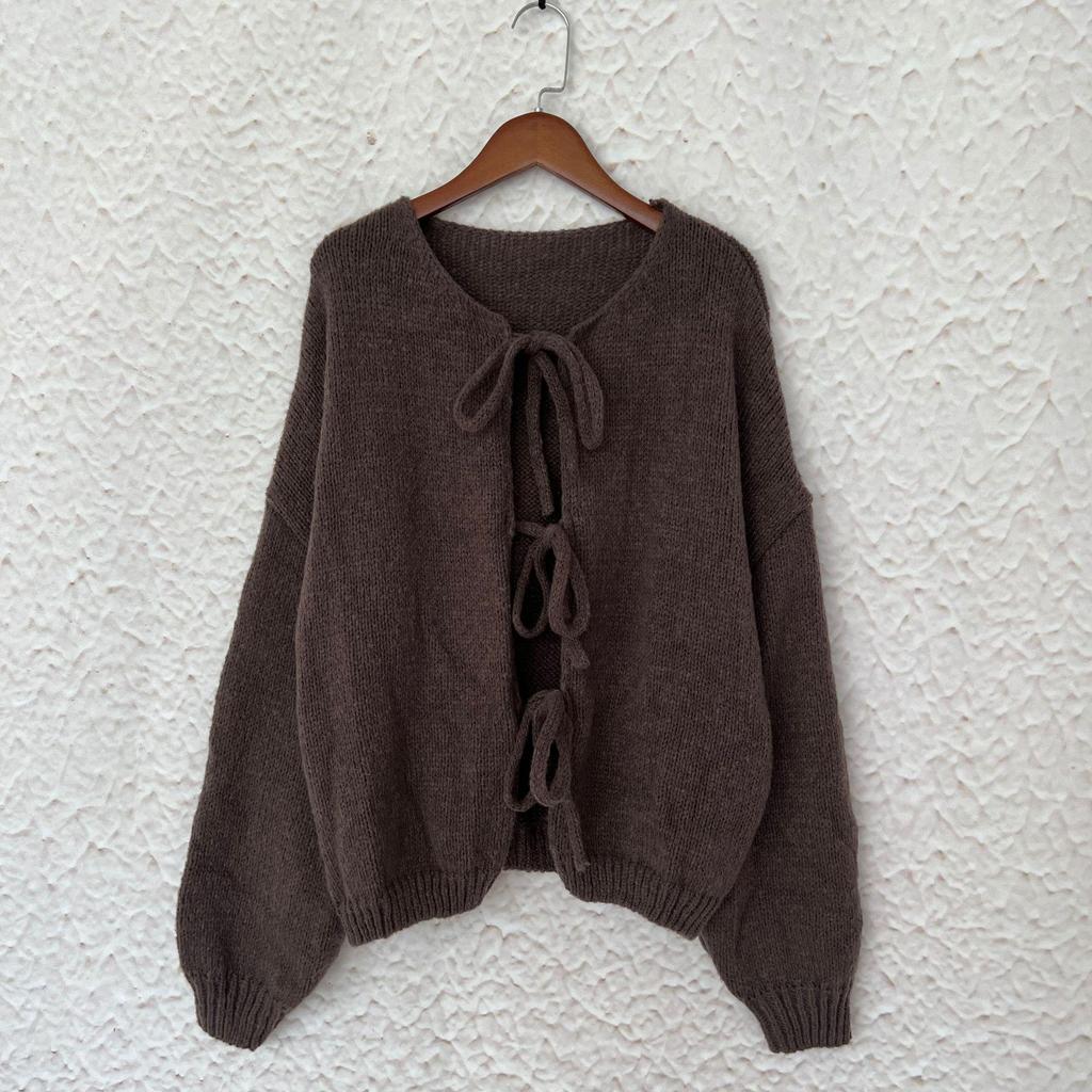 Женский классический вязаный кардиган с завязками спереди - Однотонный свитер с круглым вырезом, повседневный пуловер