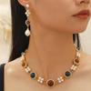 Medieval Vintage Court Style Fashion Geometric Imitation Pearl Double Layered Necklace Pendant Earrings Set Clavicle Chain