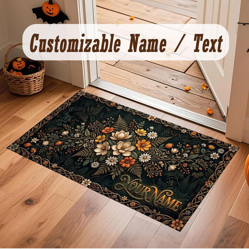 Floral Garden Theme Crystal Velvet Floor Rug Personalized Custom Name Text Warm Carpet Home Decoration