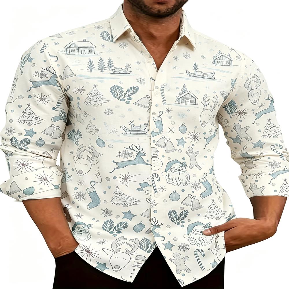 Men Christmas Print Long Sleeve Shirt Santa Reindeer Snowman Man Lapel Button Up Shirts Xmas Holiday Party Casual Tops For Men