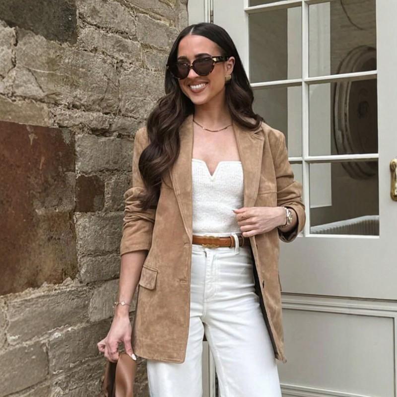 Womens Slim Fit Suede Blazer Jacket Casual Office Wear Street Style