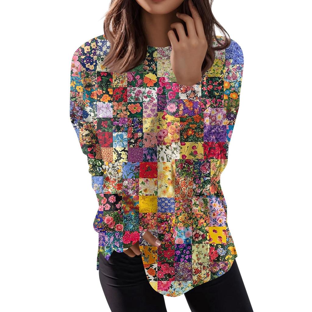 Women's Fashion Casual Long Sleeve Floral Print Round Neck Top
