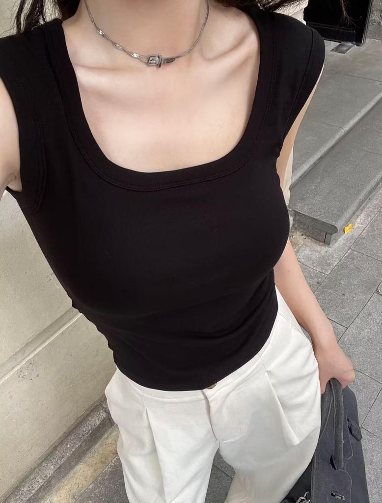 Корейский хлопковый топ-майка с квадратным вырезом, фиксированной чашкой и нагрудной подушечкой