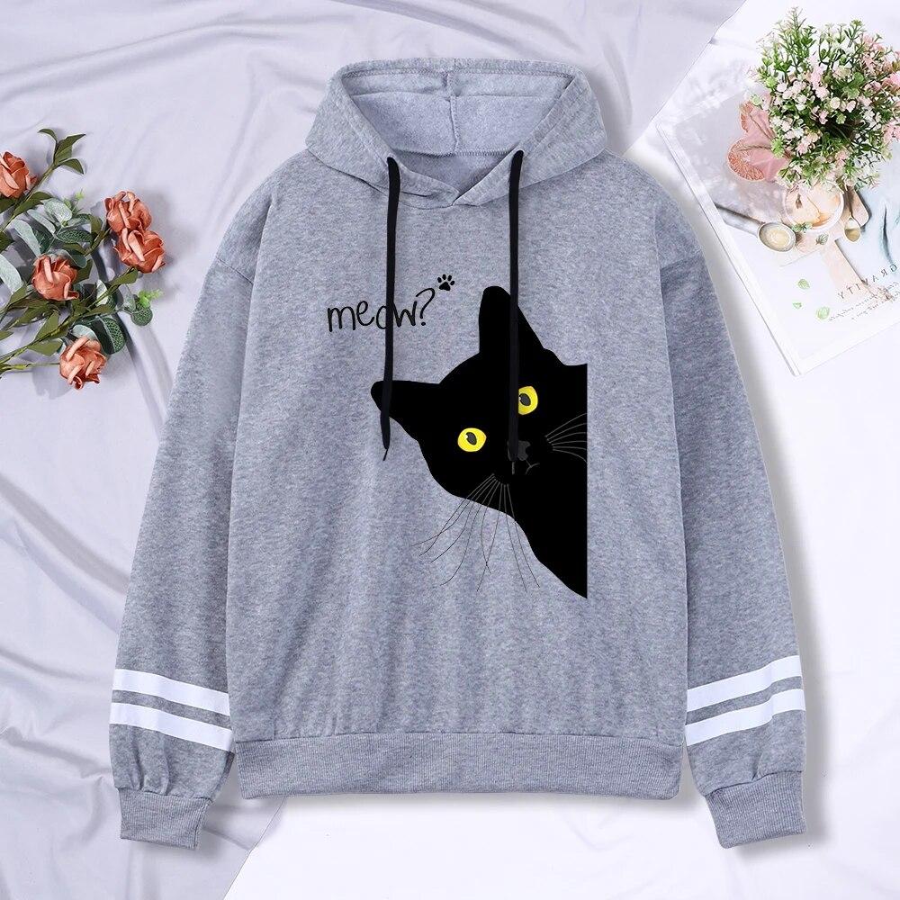 Мяу черный кот унисекс с капюшоном модные свободные толстовки унисекс с плотным принтом пуловер высокого качества уличная теплая спортивная одежда
