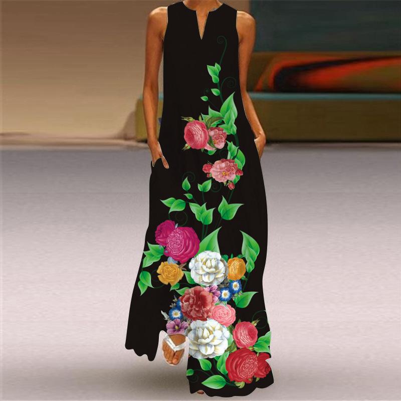 2026 Summer Women's Fashion Sexy Digital Printing V-Neck Sleeveless Long Dress Pocket European and American Dress S-5XL
