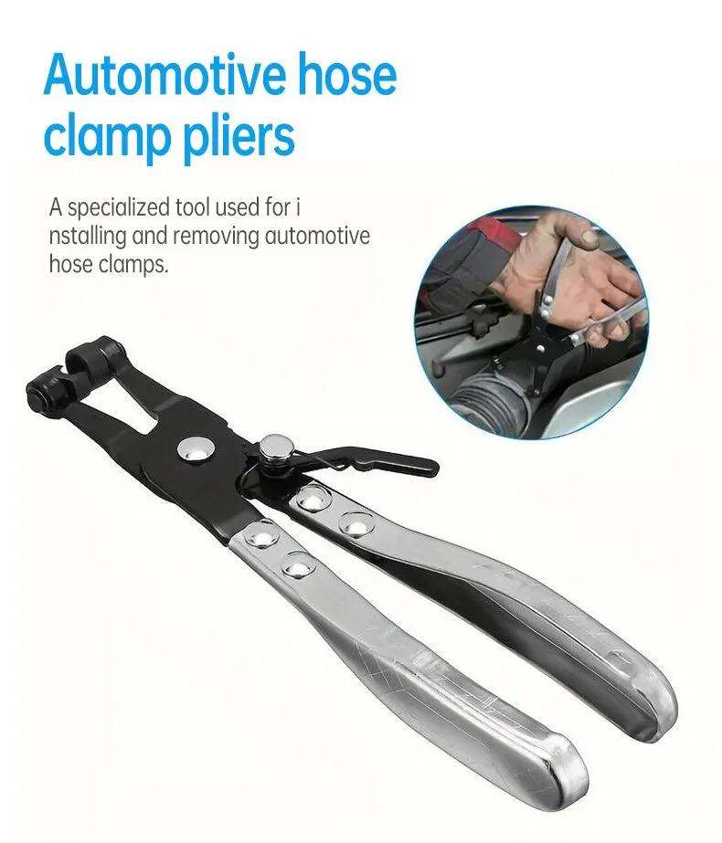 Плоскогубцы для хомутов для шлангов водопроводных труб автомобиля. Зажим с поворотным приводом. Инструмент для фиксации губок. Снятие и установка кольцевых плоских хомутов для шлангов.