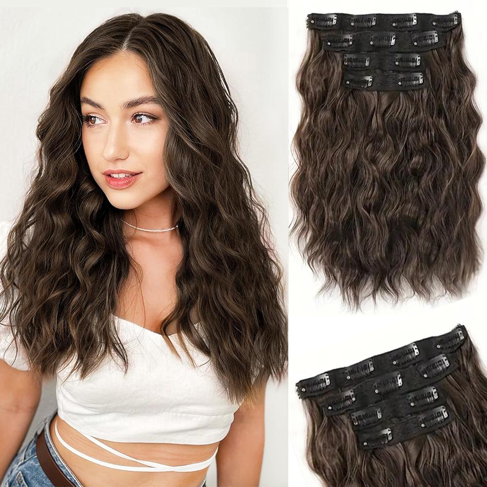 LISI HAIR Synthetic Clip In Hair Extensions Short Wavy Brown Hair 4PCS Hair Extensions Invisible Lace Weft Natural Soft Hairpieces For Women