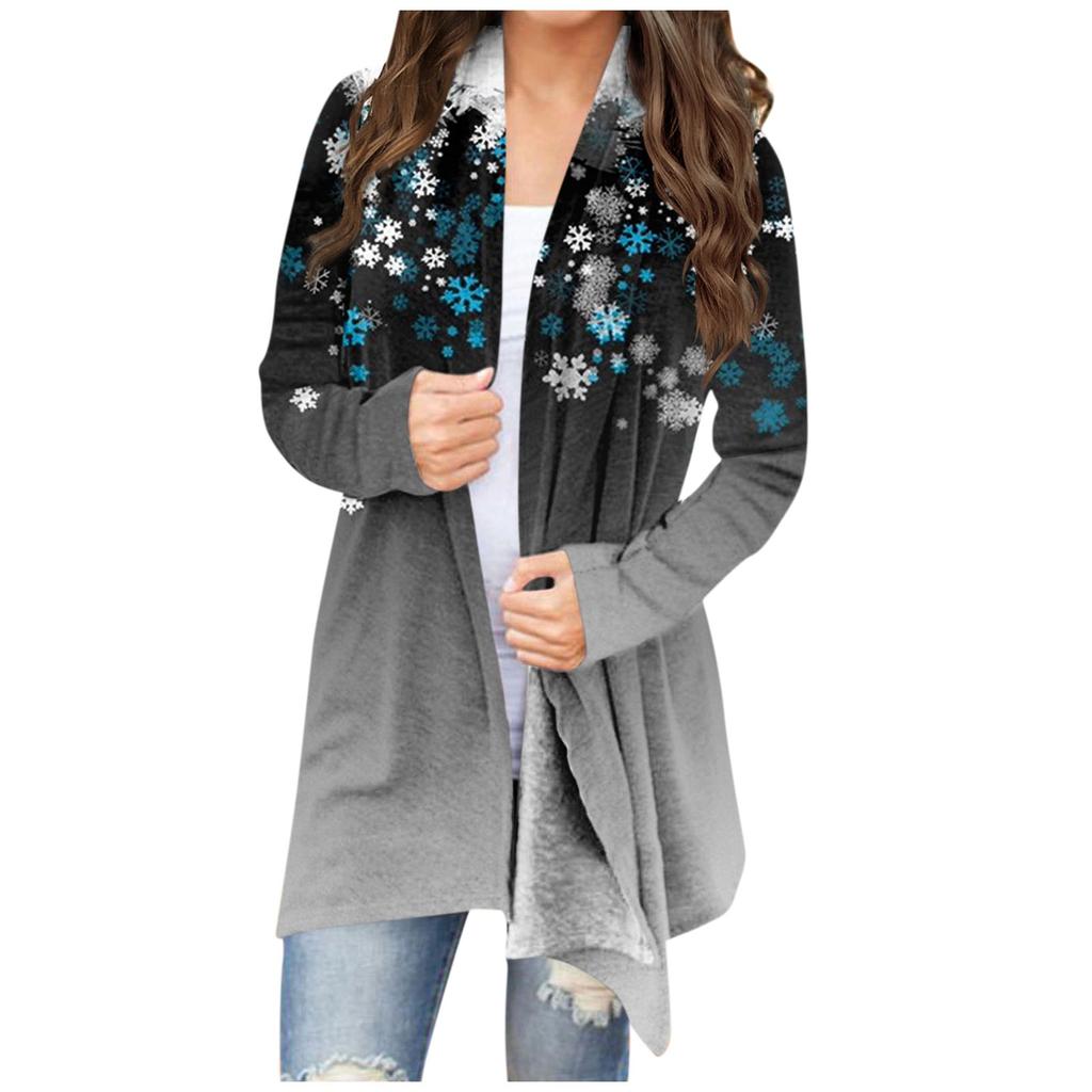 Женская мода, повседневный рождественский принт, кардиган средней длины, куртка, пальто