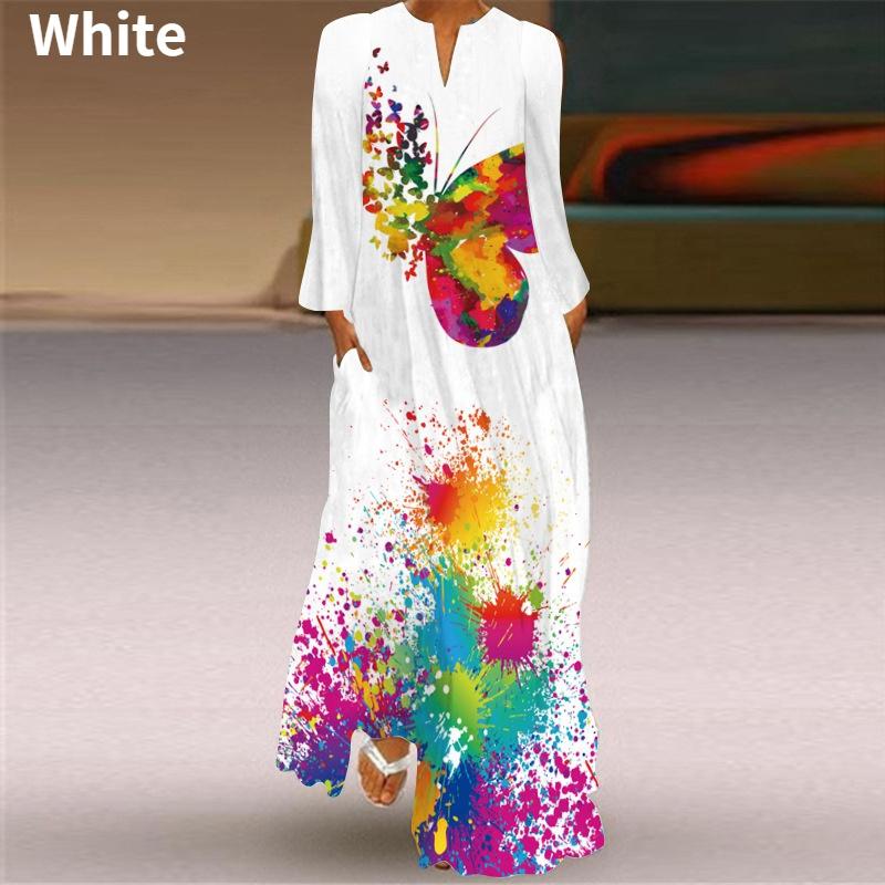 Женская мода Макси-платья с графическим принтом и V-образным вырезом с длинным рукавом Свободное платье длиной до пола Повседневное длинное платье с карманом