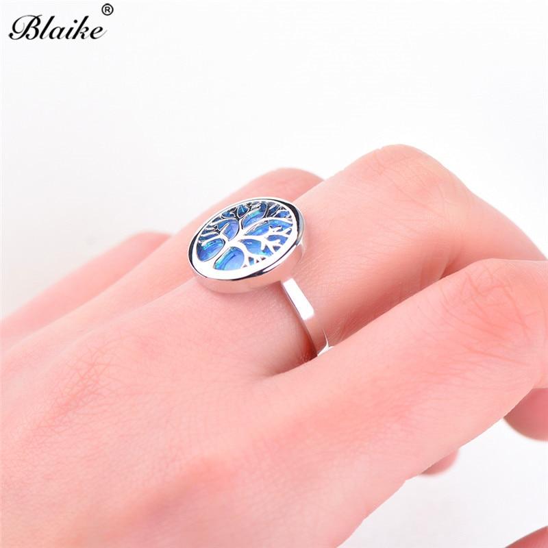 Кольца Blaike Vivid Life Tree с белым/голубым огненным опалом для женщин и мужчин, кольцо из стерлингового серебра 925 пробы, ювелирные украшения, радужный камень, подарки