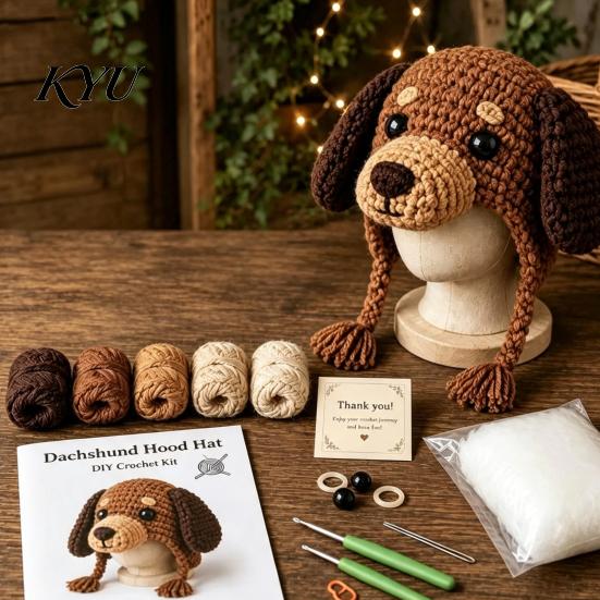 Holiday Crafting Projects Animal Hood Hat Crochet Kit, DIY Earflap Craft Supplies for Adults Cute Project Teens, Handmade Gift Yarn Crafts