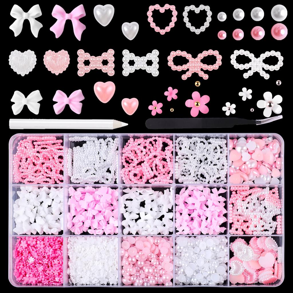 15Grids/box Mixed Resin Bowknot Nail Art Decorations 3D Acrylic Charms Kawaii Colorful Bow Rhinestone DIY Manicure Tools Parts