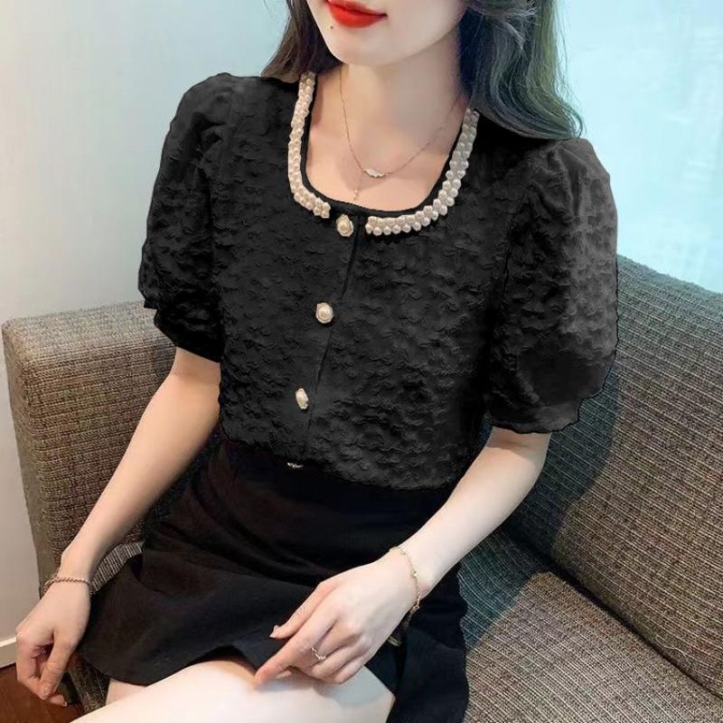 WTEMPO Брендовая модная рубашка с короткими рукавами и пузырьковыми рукавами, женская летняя темпераментная рубашка с квадратным воротником и сотней бус